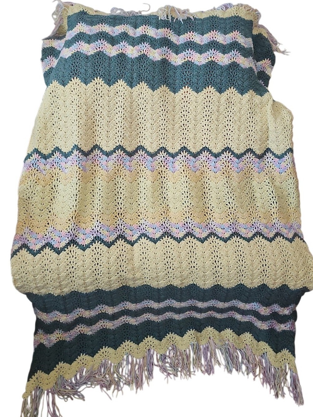Handmade Crochet Wave Knit Throw Blanket - Cream and Teal